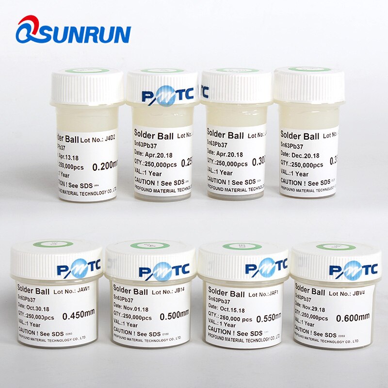 1 bouteille de 250k billes de soudure bga au plomb pmtc  sn63 pb 37 pour rebillage et retouche 0.2 0.25 0.3 0.35 0.4 0.45 0.5 0.55 0.6 0.65 0.76mm