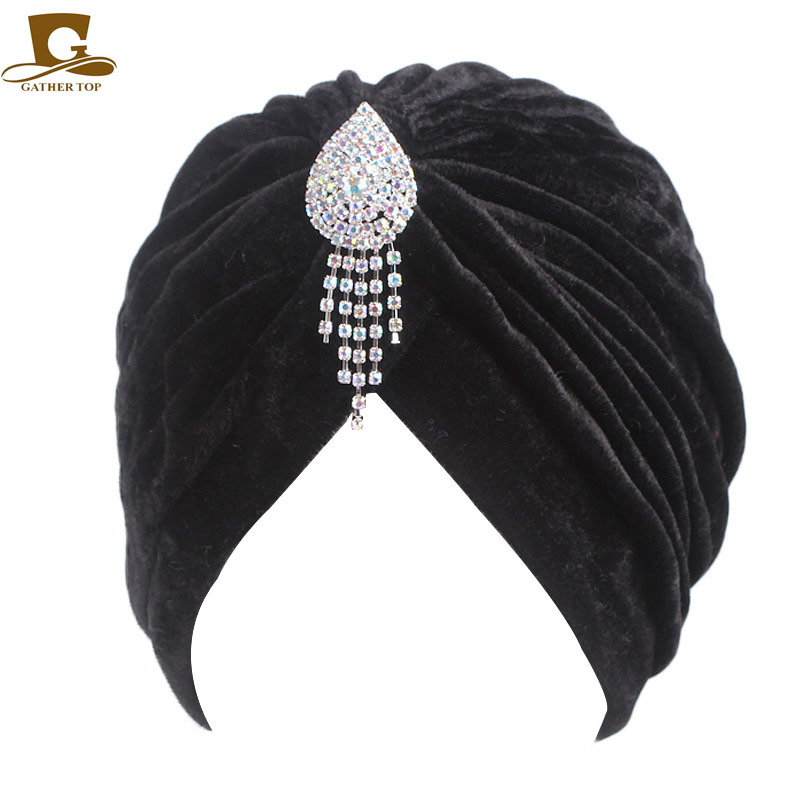 Celeb stil neon afslappet dobbelt stretch vedhæng broche fløjl turban hovedbeklædning turbante hat kvinder hijab hovedbeklædning