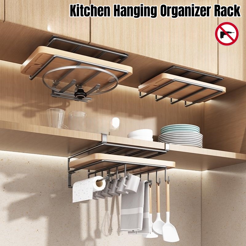 Estante organizador colgante para cocina, sin perforaciones debajo del armario, colgador de toallas de papel, tabla de cortar, soporte para cubierta de olla, estante de almacenamiento