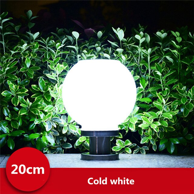 Led rund boll rostfritt stål solar stolpe lampa utomhus  ip65 vattentät kolumn huvud ljus för trädgård villa pelare trädgård hotell: Kallvit -20cm / Svart bas