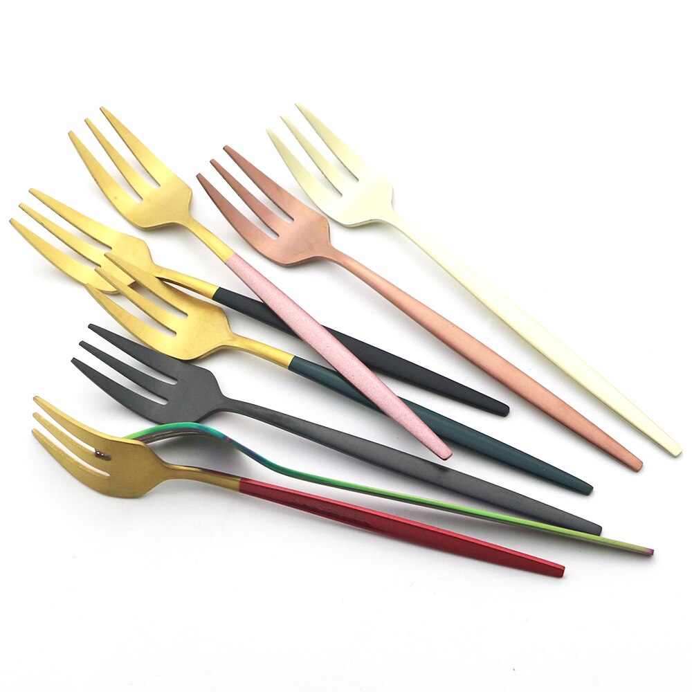 6Pcs Coloful Fork Set Tea Cake Snack Forks Dinnerware Cutlery Matte Stainless Steel Tableware Dessert Fruit Fork Silverware Set