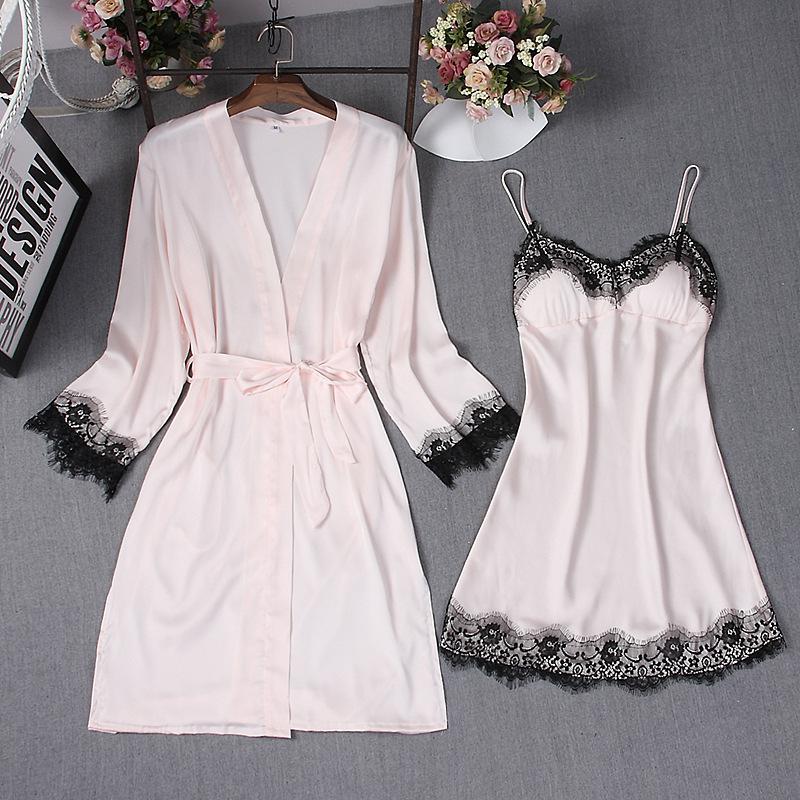 Navy Blue Sexy Sleep Robe Kimono Sleepwear Sets Wo...  Grandado