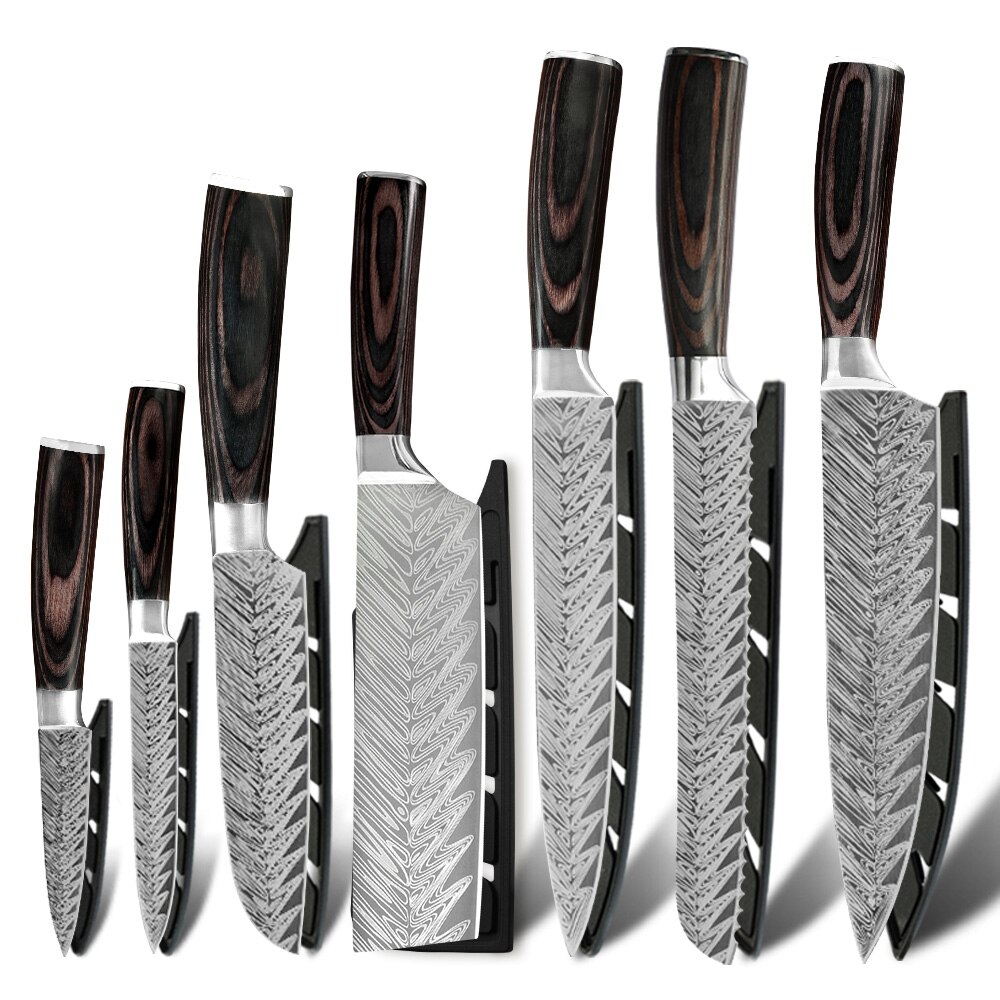 Sowoll 9PCS Kitchen Knives Set Stainless Steel Chef Slicing Bread Cleaver Santoku Utility Paring Knife Wall Knife Storage Tools: E 7pcs set