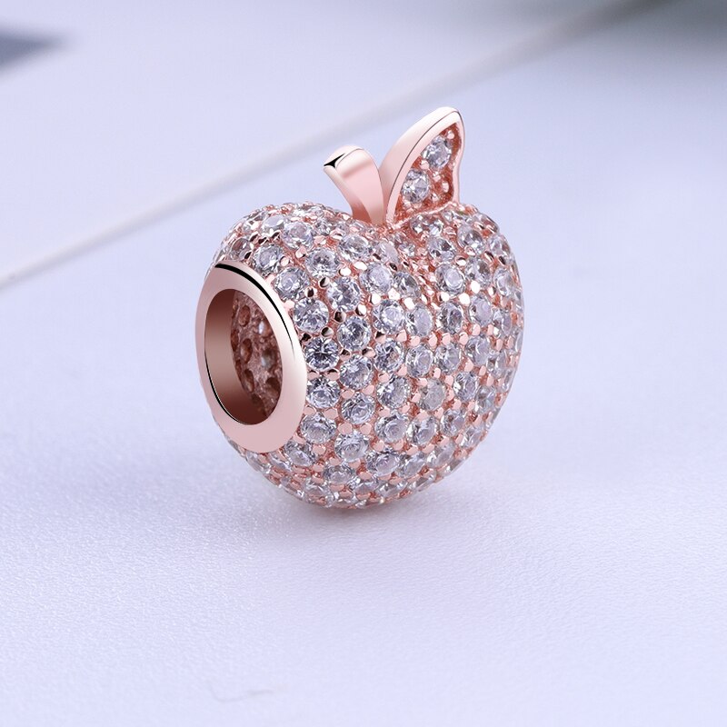 925 Sterling Silver Rose Gold Color & Clear CZ Apple Bead Pendant Charms Fit Bracelets & Bangles DIY Jewelry