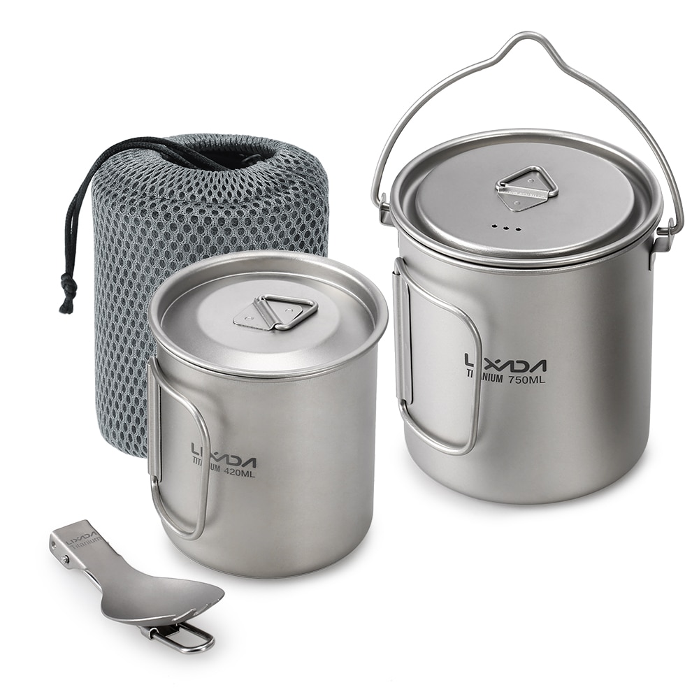 Vajilla de titanio para exteriores Lixada, olla de 750ml, tazón taza de agua de 420ml con tapa, mango plegable, deportiva para Camping, Picnic, senderismo, Viajes