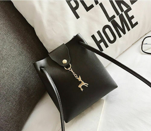 Women Ladies Leather Handbag Solid Hasp With Cute Pendant Shoulder Messenger Crossbody Bag Party Bag: Black