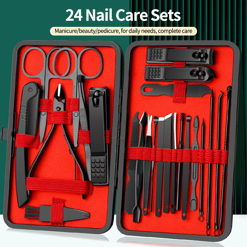 24Pcs Black And Red Nail Clippers Kit, Ultra Sharp Sturdy Fingernail Cutters, Nail Clippers Pedicure Care Tools