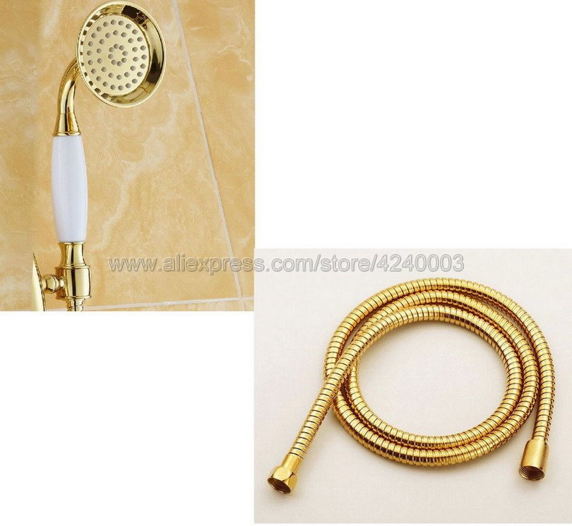Soffione doccia portatile in oro spazzolato, valvola in ottone, bagno, risparmio idrico, supporto per doccetta in ABS, tubo idraulico dorato  13