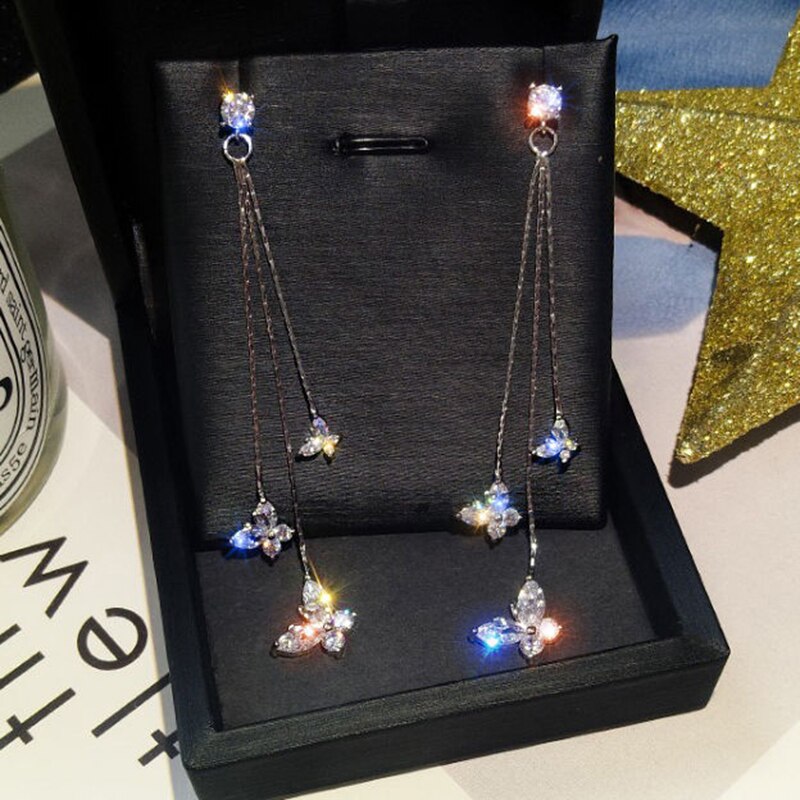 Lange Oorbellen Vrouwen Boog Kwastje Oorbellen Voor-en Achterkant Kristal Boog Kwastje Oorbellen Vrouwelijke Lange Temperament Vlinder Oorbellen