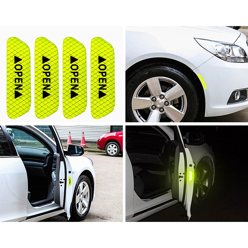 4x Fluorescent Green Car Door Open Sticker Reflective Tape Safety Warning Decal