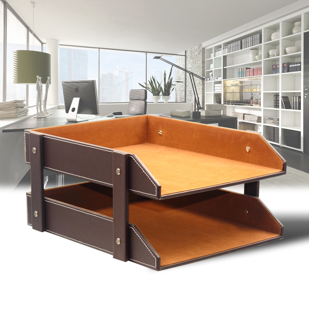 A4 Document File-Tray Rack File Organizer Double Layers Desk PU Leather For Office