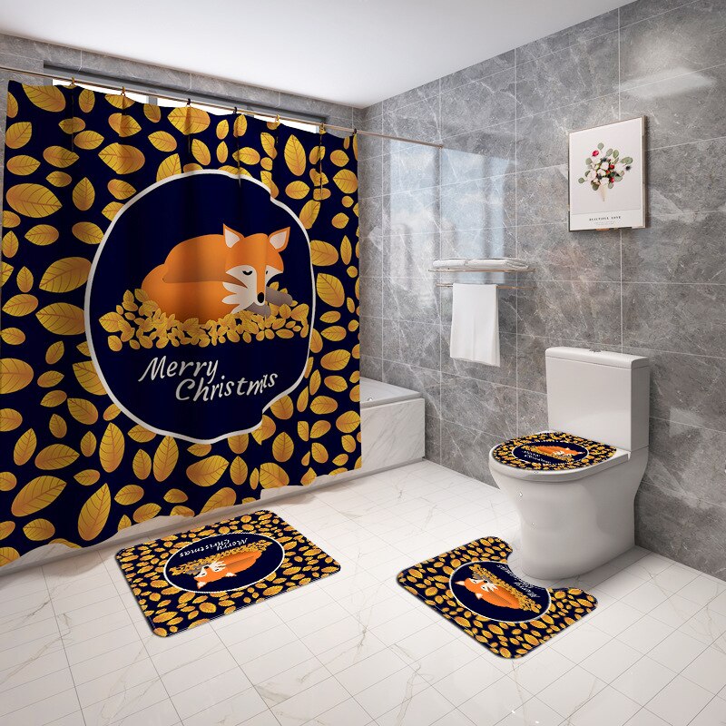 Julebademåtte og badeforhæng print badeforhæng gulvmåtte mikrofiber badeværelsesmåtte sæt vandtæt fodmåtte: 4 stk -247