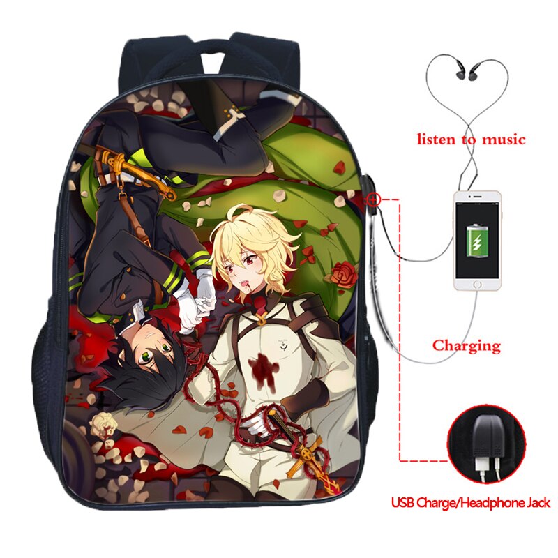 Top Seraph of the End USB Charge School Rucksack Boys Girls School Bag USB Charging Laptop Backpack: 2