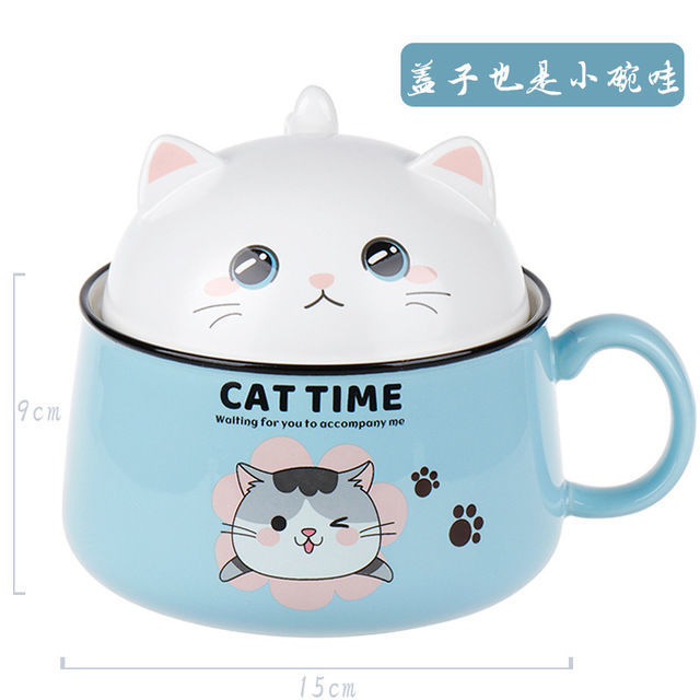 Cartoon Cat Bowl Ceramic Bowl Large Capacity Soup Bowl Kitchen Tableware Salad Bowl Ramen Noodle Bowl With Lid Spoon Fruit Bowl: Blue 1020ml