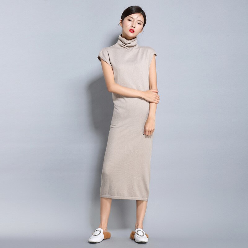 Women's Spring And Summer Cashmere Dresses Women Knitted Pullovers Female Long Solid Turtleneck: Khaki / L