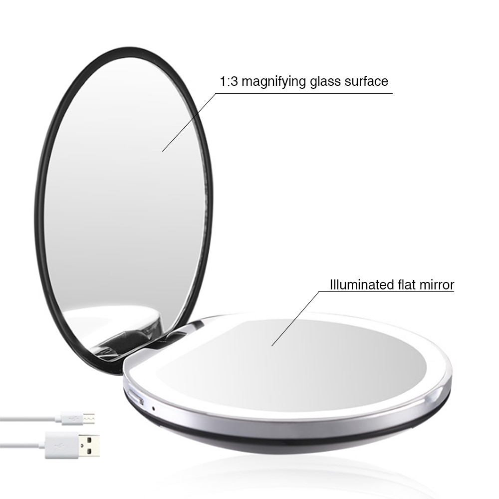 3 Lights LED Makeup Mirror 3X Magnify Hand Held Fold Mini Portable Micro USB Connect Cable Built-in Battery Chargeable mirror