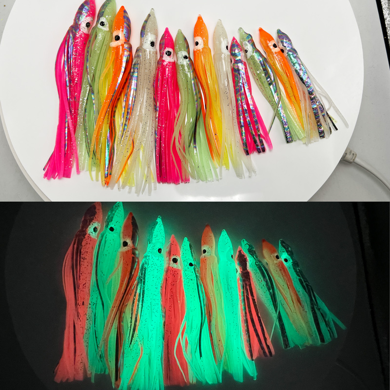 8/10/12cm saias de lula macia luminosa pesca no mar polvo fakebait atum isca de pesca biônico lula isca barco equipamento de pesca