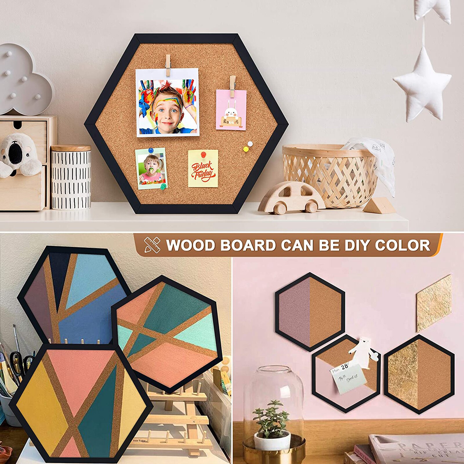 Multifunction Cork Board Office Home Wood Photo Background Hexagon Stickers Wall Message Drawing Bulletin