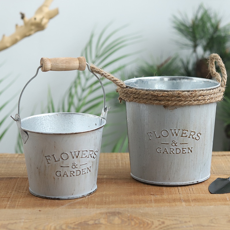 Land retro plåt blomhink blomhållare hem vas dekoration blomkruka utomhus balkong plantering blomfat
