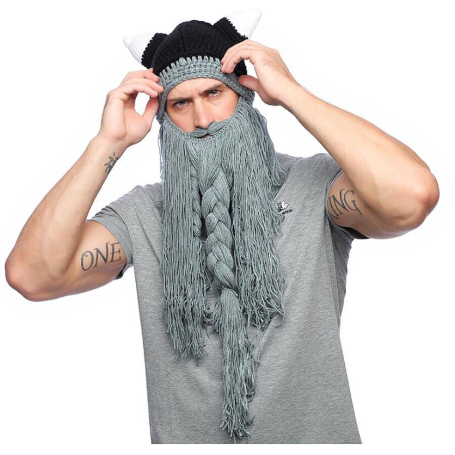 Vikings – chapeau en corne pour hommes et femmes, nouveauté, tricoté, drôle, fait à la main, pour fête d'halloween, hip hop, automne et hiver: Hat01 grey