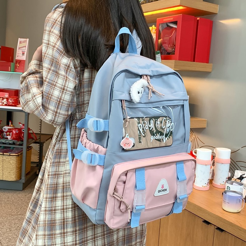 Waterdichte Badge Ita Vrouwen Rugzak Transparante Contrast Kleur College Gilrs Schooltassen Vrouwelijke Flap Multi-Pocket Laptop Rugzak