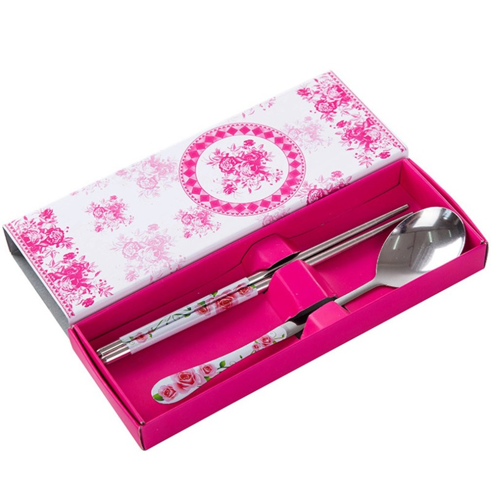 Cubiertos de acero inoxidable cubiertos de dos piezas conjunto de dibujos animados niños cubiertos conjunto palillos chinos cuchara