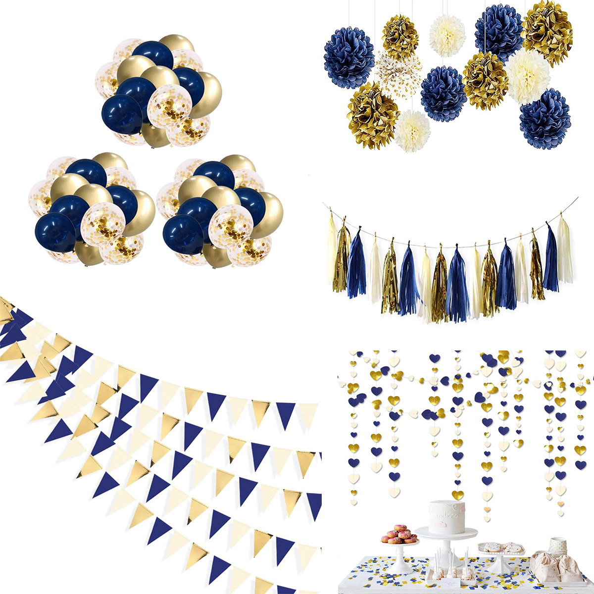 Globos de látex de color azul real, dorado y Beige, decoraciones colgantes para de cumpleaños de niño, bandera de papel, pompón, flor, corazón, guirnaldas con borlas