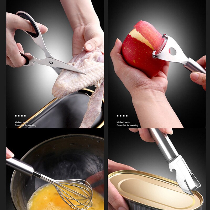 7Pc Kitchen Gadget Set Stainless Steel Multi-purpose Kitchen Grater, Whisk, Can Opener, Pizza Cutter, Peeler, Bowl Dish Pan Clip