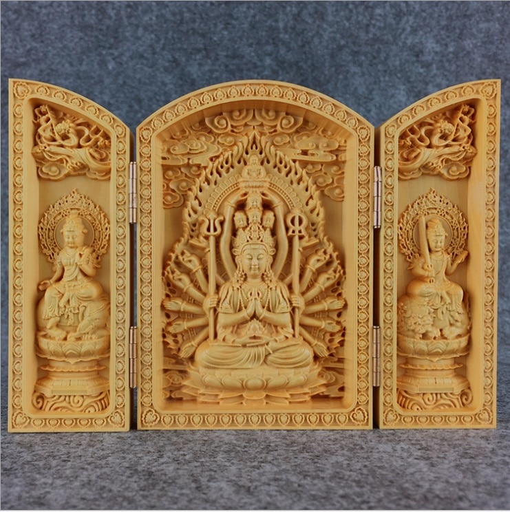 Buddha statue massivt træ tre åbne små buddha statue boligindretning tilbehør håndværk statue