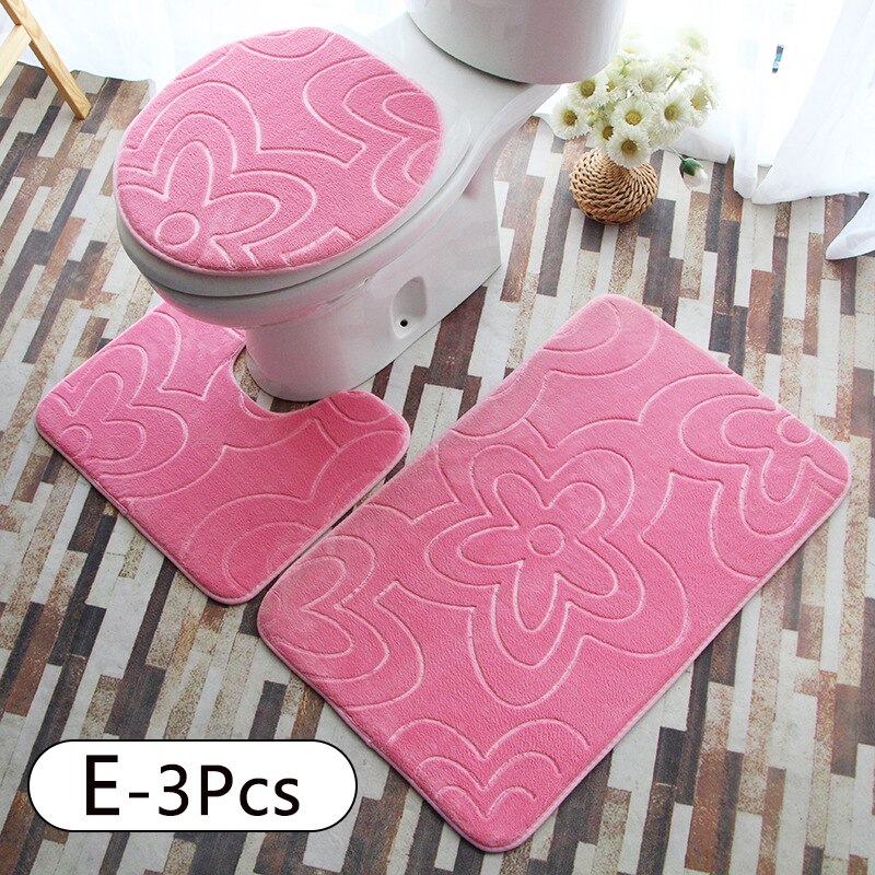 3PC Toilet Cover Seat Bathroom Accessories Set Rug Contour Mat Soft Toilet Lid Cover Plan Solid Color Bath Mats Home Decor: E