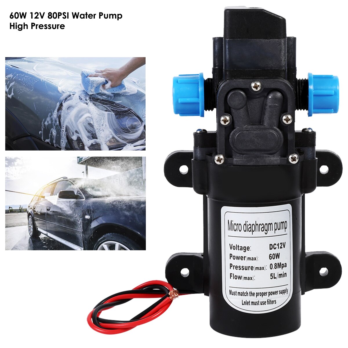 60W DC 12V High Pressure Water Pump 5L/min Self Priming Micro Diaphragm Pump Automatic Switch Car Vehicle Cleaning Pump 115PSI