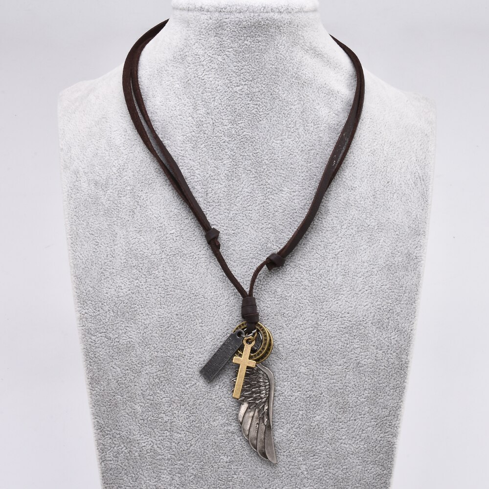 Veer Engelenvleugels Ketting &amp; Hangers Vintage Bruin Lederen Neckless Voor Vrouwen Mannen Sieraden Jongens Ketting Statement Ketting