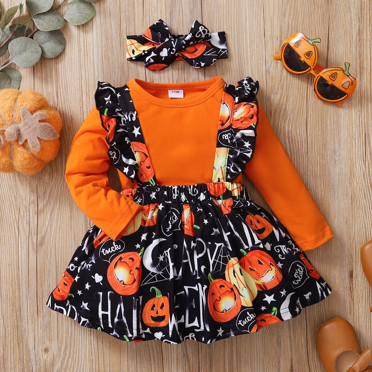 Patpat 2 Stuks Halloween Stijl Pompoen Print Lange Mouwen Oranje Baby Set: 12m