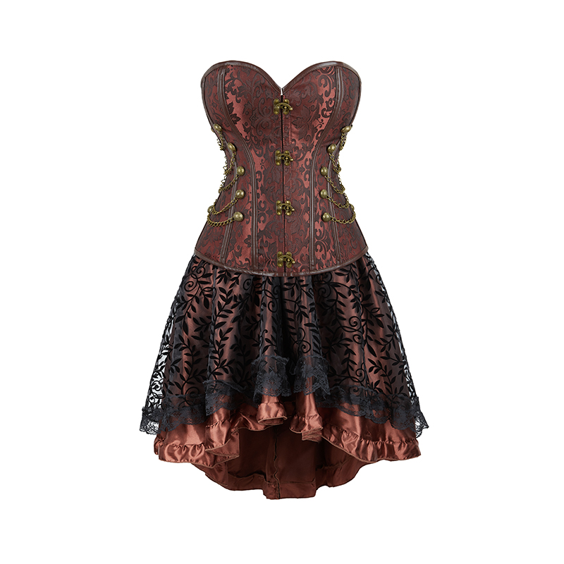 Brown Corset Dress Set Women's Steampunk Gothic Bustier Corset with High Low Skirt