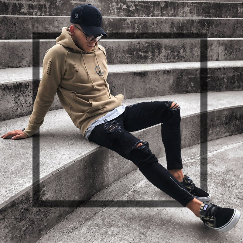 Herre seje sorte rippede skinny jeans ødelagt flossede slim fit denim bukser lynlås hop hop bukser huller til mænd