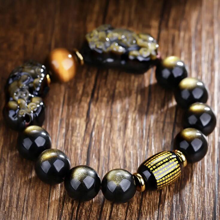 Natuurlijke Mexico goud obsidiaan dubbele PI xiu armband dubbele een dollar bixie mannelijke stijl prachtige carving hand string