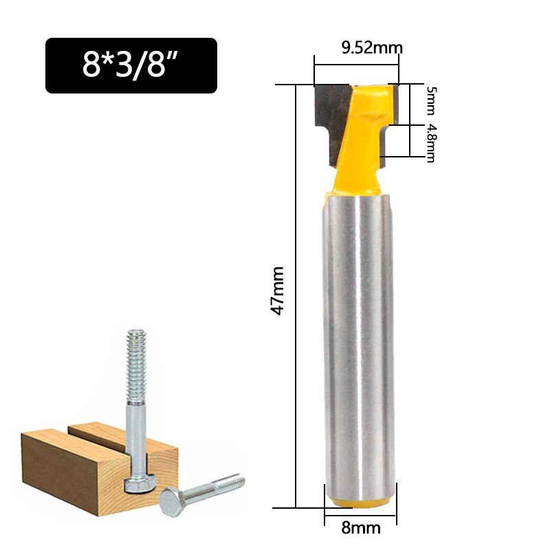 1pc 8mm skaft t-slot fræser bits sæt nøgle hul bits hex bolt t slids fræser til træ træbearbejdningsværktøj: 1pc 9.52mm