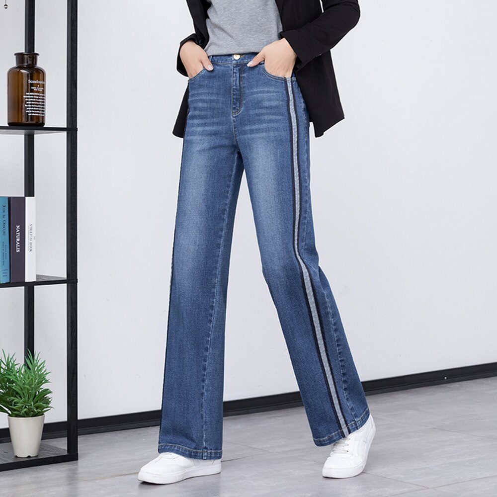Women Denim Jeans Wide-leg Straight Slimming Bleached Blue Stretchy Jeans For Autumn Plus Size Side Pipe Striped Pattern