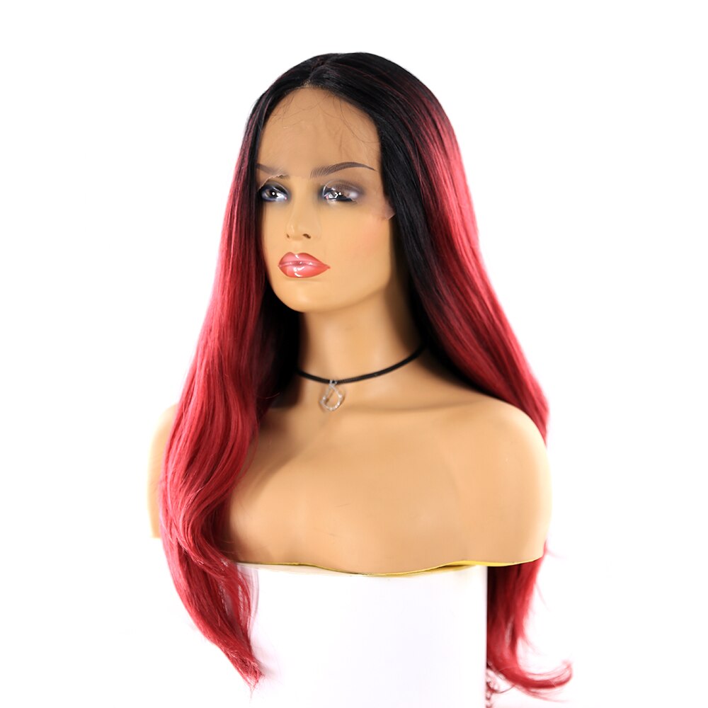 Ombre Red Synthetic Lace Front Wigs SOKU Long Straight Wig Middle Part Glueless Heat Resistant Fiber Wig For Women Cosplay #613