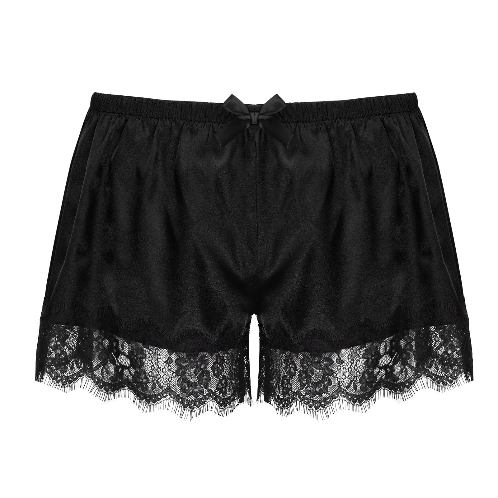 Men Satin Shorts Sleepwear Elastic Waistband Lace Trimming Pajama Pants Nightwear Birthday: Black / XL