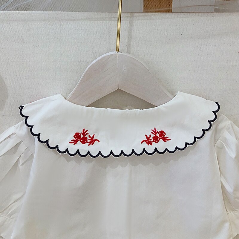 Baby Girls Embroidered Plaid Shirt Sweet Toddler Blouse Infant Summer Short Sleeve Children Cotton Shirts Kids Tops Pants