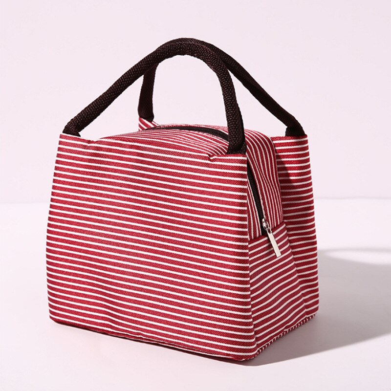 Freizeit Frauen Tragbare Mittagessen Tasche Leinwand Streifen Isolierte Kühltaschen Thermische Lebensmittel Picknick Mittagessen Taschen freundlicher Mittagessen Kasten Tasche Tote: rot