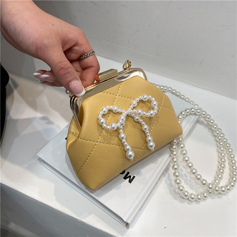 Bolso con cadena de perlas y lazo para mujer, bolsa de hombro con carcasa de temperamento, cruzado, de noche,