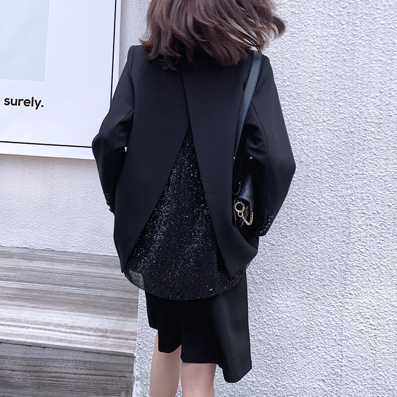 [eam] kvinder ryg ryg vent pailletter split blazer revers lange ærmer loose fit jakke tide forår efterår 1 z 367: S