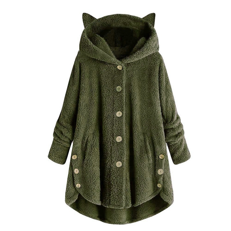 otoño chaqueta de mujer hebilla lateral mullido dobladillo Abrigo con capucha holgado cálido oído largo abrigo