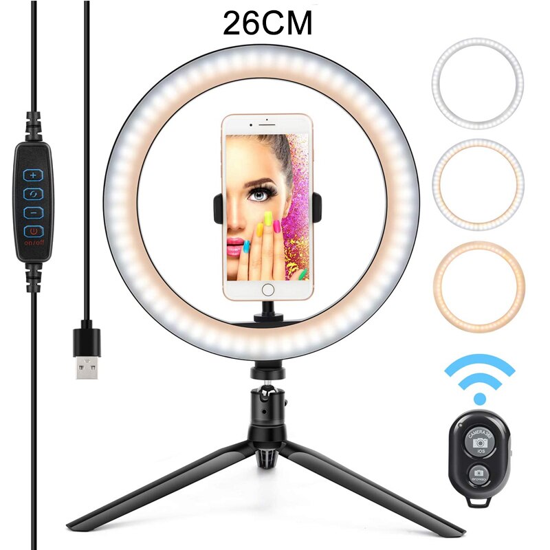 10 '' rgb selfie ring lys med stativ stander og telefonholder dæmpbar led bord cirkel lampe med 10 farver bærbare halo lys: Med fjernbetjening