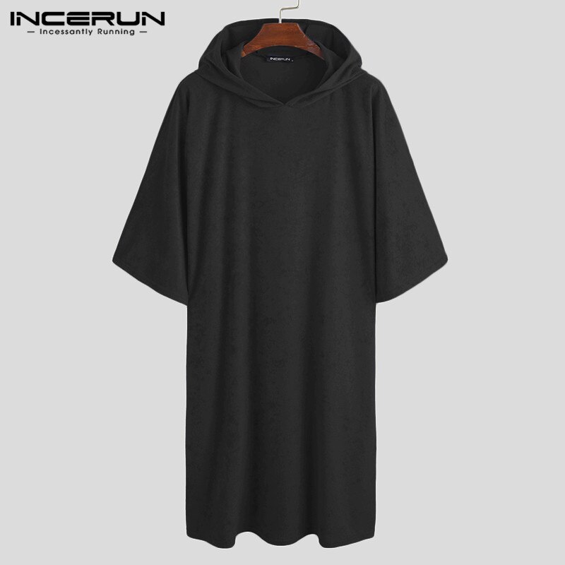 Men Bathrobes Solid Hooded Half Sleeve Leisure Towel Robes Comfortable Homewear Mens Nightgown Bathrobes Poncho INCERUN S-5XL