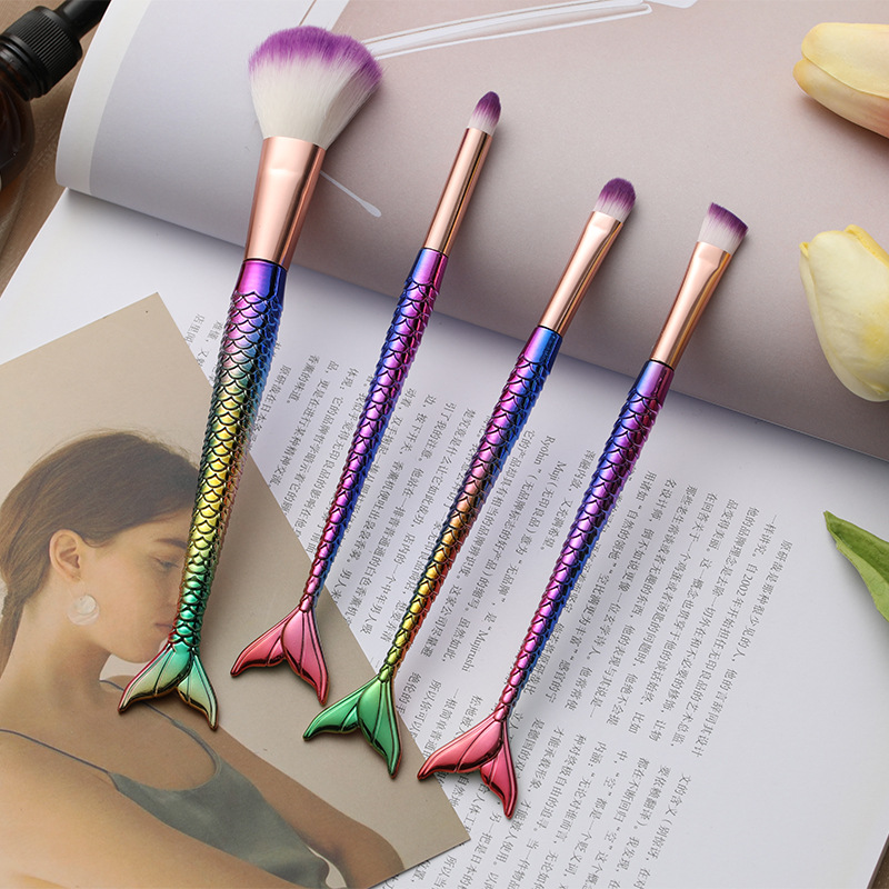 Karsyngirl-brocha de maquillaje de sirena, traje de cuatro piezas, fibra colorida, pelo suave, polvo suelto, herramientas de maquillaje de belleza