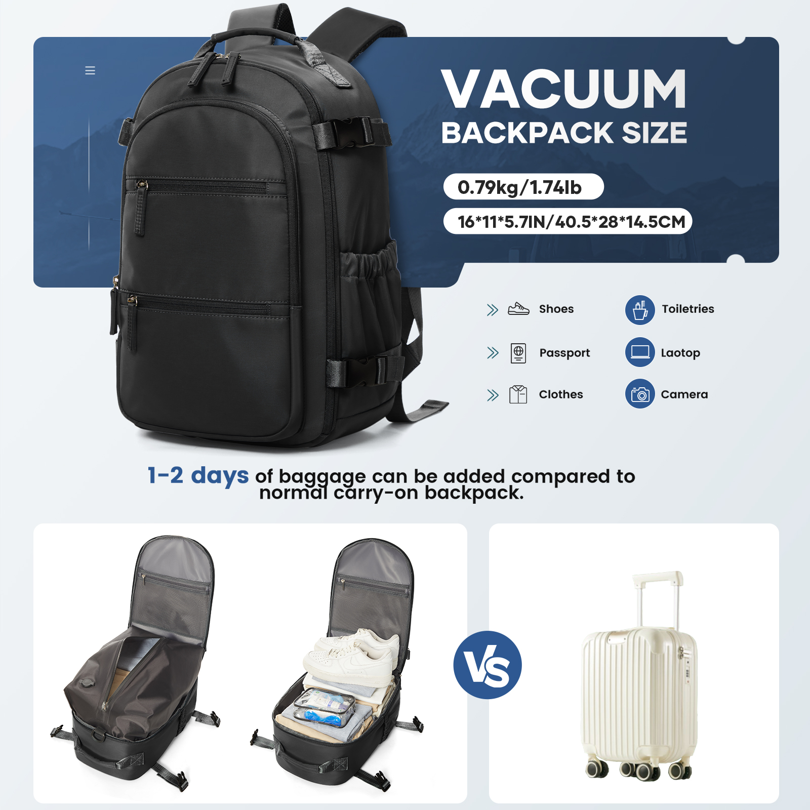 Backpack Men Waterproof Multiple Pockets Backpack Men's Work Bag Vacuum Compression Backpack Hiking Travel Backpack Notebook Bag: black