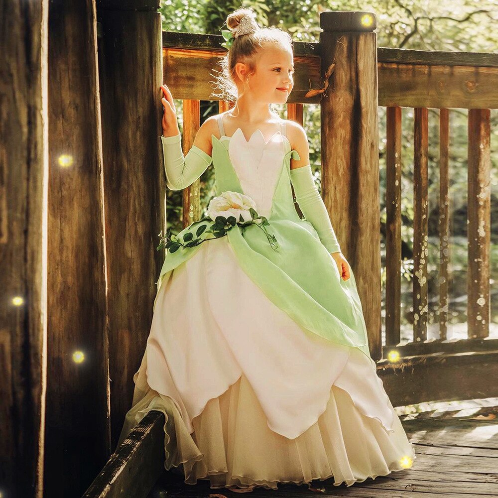 Costume princesse et la grenouille pour filles, robe Tiana de carnaval, robes de jeu de rôle